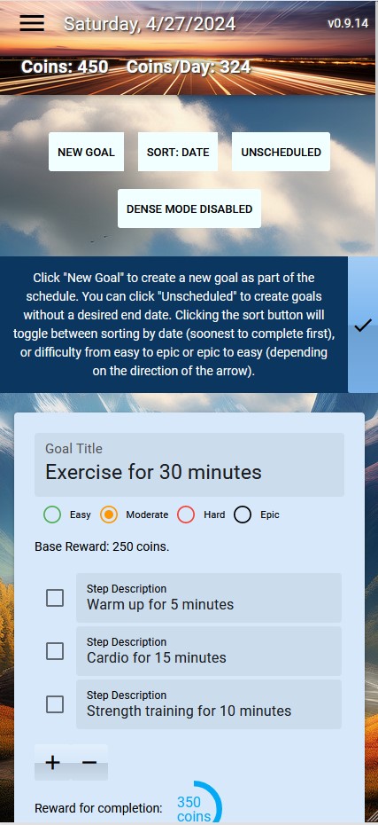 Goals Page View (Example schedule shown)