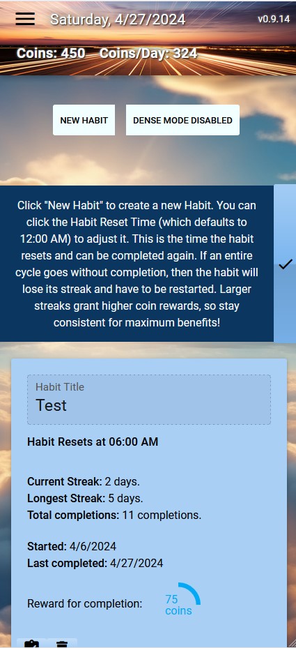 Habits Page View (Test habits shown)