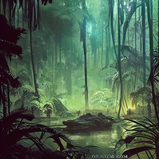 A jungle with roads leading into it. A swamp lies on a side path. (https://freeimagegenerator.com/)