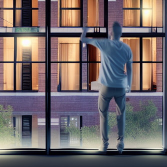 Person yelling at pedestrians from an apartment window at night. 3D render (Stable Diffusion 1.5)