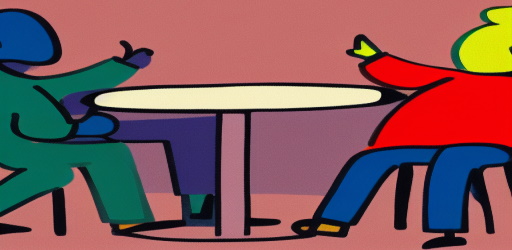 Two people arguing across a table in a large public setting. Cartoon, two palette color scheme (Stable Diffusion 1.5)